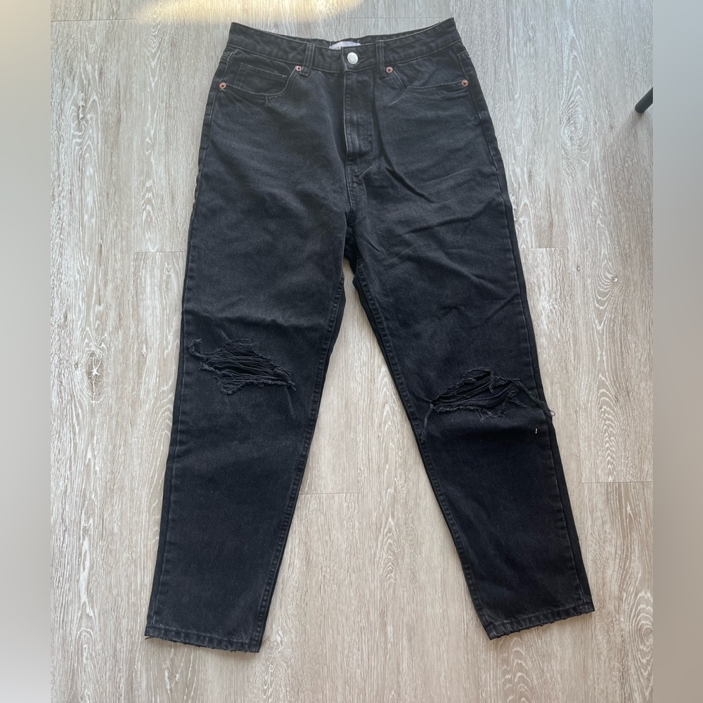 Zara, black ripped high waisted straight jeans, size 10